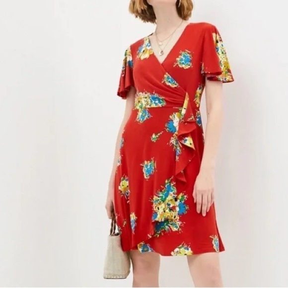 Lauren Ralph Lauren Women’s Midi Faux Wrap Dress Size 16 Red Floral Contemporary - Picture 3 of 16